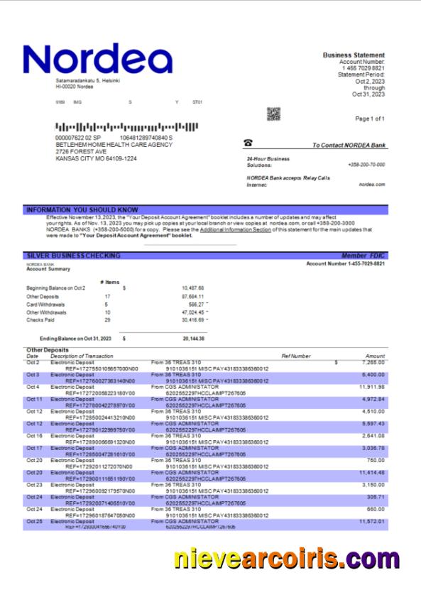 Nordea Bank enterprise checking account statement